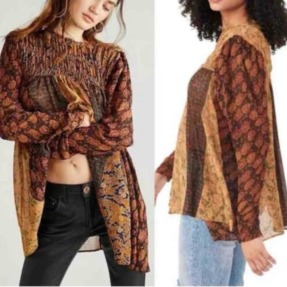 Free People Merrie Mixed Print Tunic Top Long Sleeve Smocked Boho